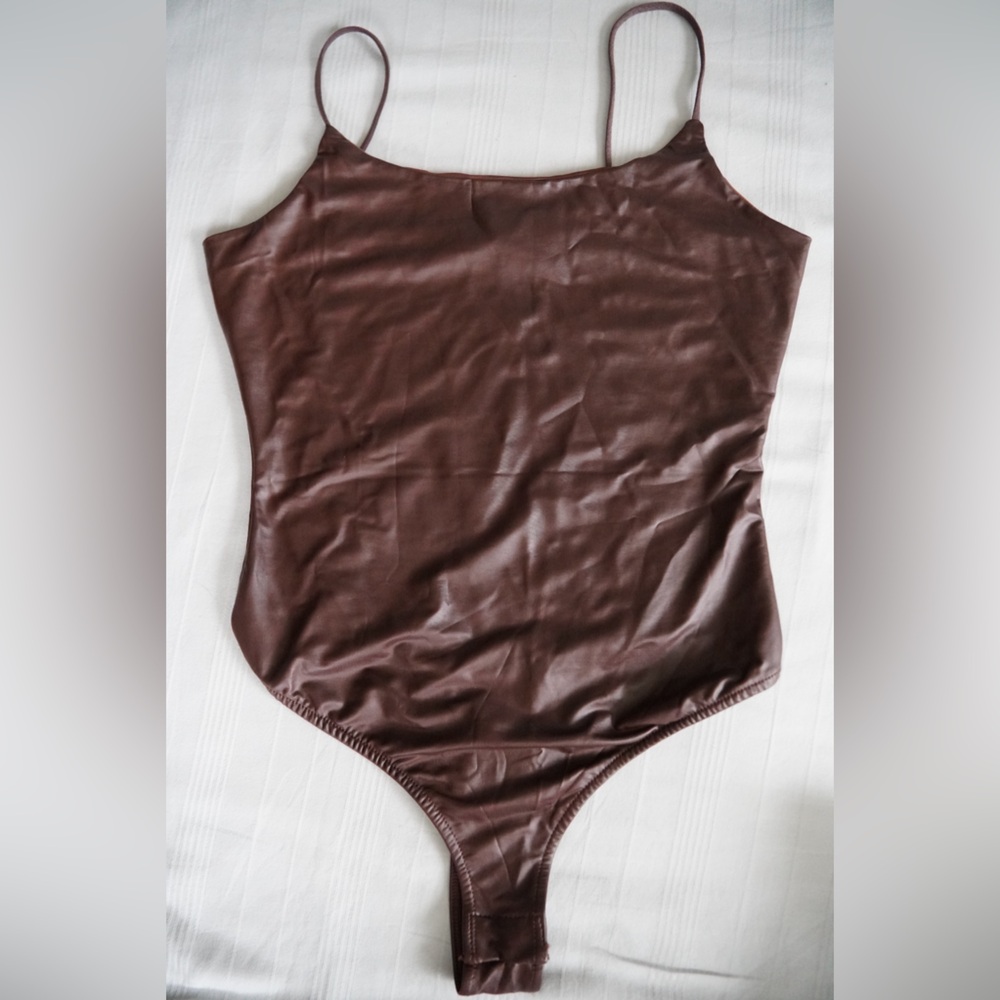 Rue 21 Brown Faux Leather Spaghetti Strap Bodysuit Small